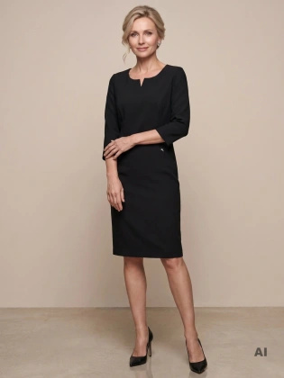 Stylowa czarna sukienka midi o prostym kroju – wysmuklające pionowe przeszycia i elegancki dekolt 25766
