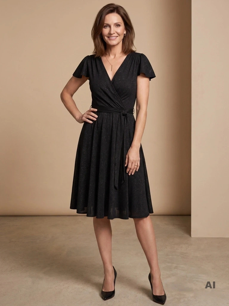 Czarna sukienka wieczorowa rozkloszowana na sylwestra – brokatowy blask i kopertowy dekolt 38207