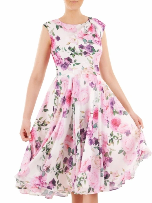 Elegancka rozkloszowana sukienka na wesele w kwiaty – lekki fason midi z dekoltem w łódkę 35809