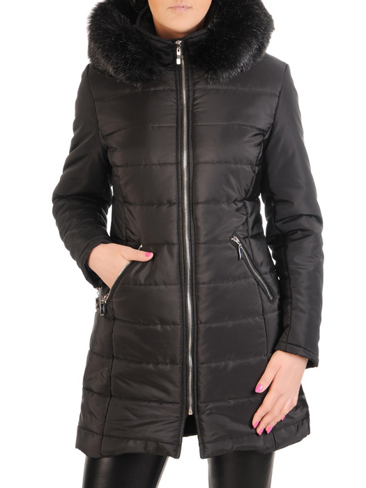 Czarna kurtka zimowa z pikowanej tkaniny z ozdobnymi zamkami 31967