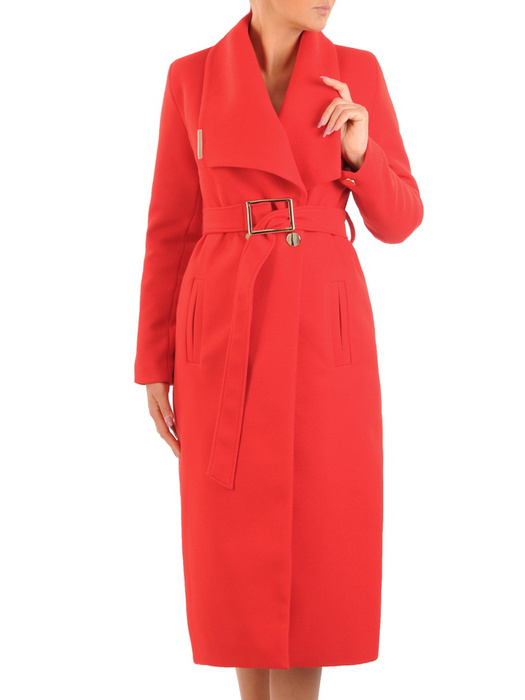Elegancki czerwony płaszcz damski z ozdobną klamrą 34032
