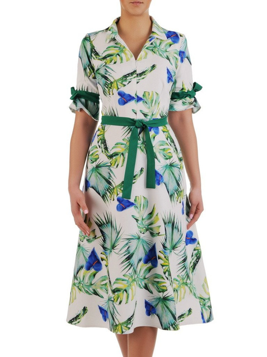 Sukienka z ozdobnymi szarfami, wiosenna kreacja w modnym wzorze 19724