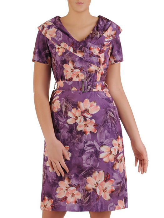 Sukienka z tkaniny, prosta kreacja w kwiaty z ozdobnym kołnierzem 24561