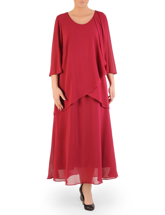 Trapezowa sukienka z szyfonu, bordowa kreacja maxi 32611