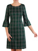Zielona sukienka w kratę, kreacja z modnymi rękawami 24063